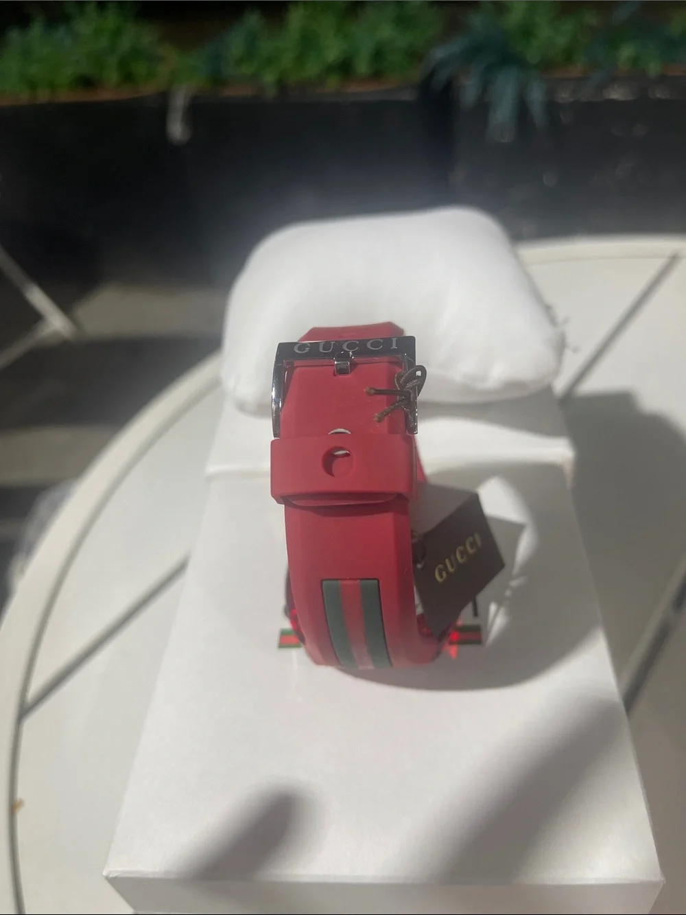Gucci Red Transparent Silicone Logo Strap Watch with Green-Red Accent